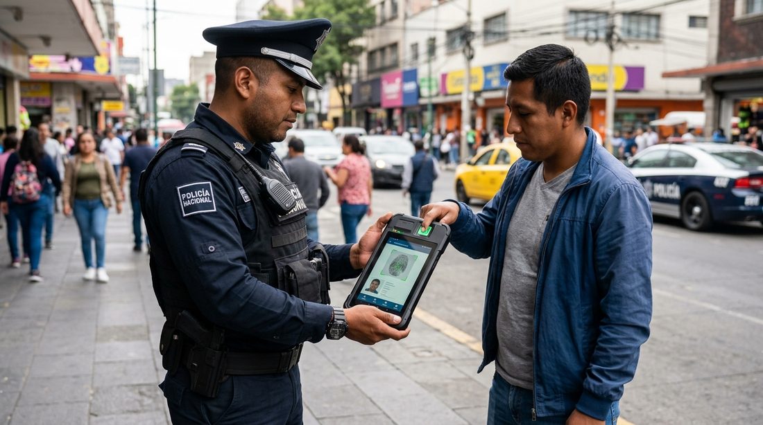 Elemento de seguridad capturando una huella con un dispositivo biométrico handheld